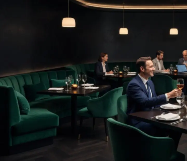 Elegáns, sötét tónusú vállalati lounge hangulat a Helyközpontban