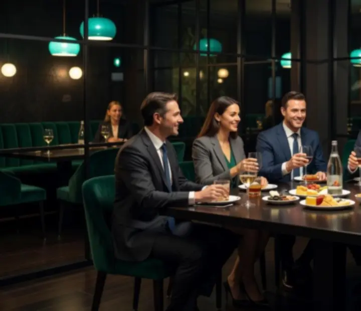 Céges esti rendezvény lounge térben, beszélgető vendégekkel.