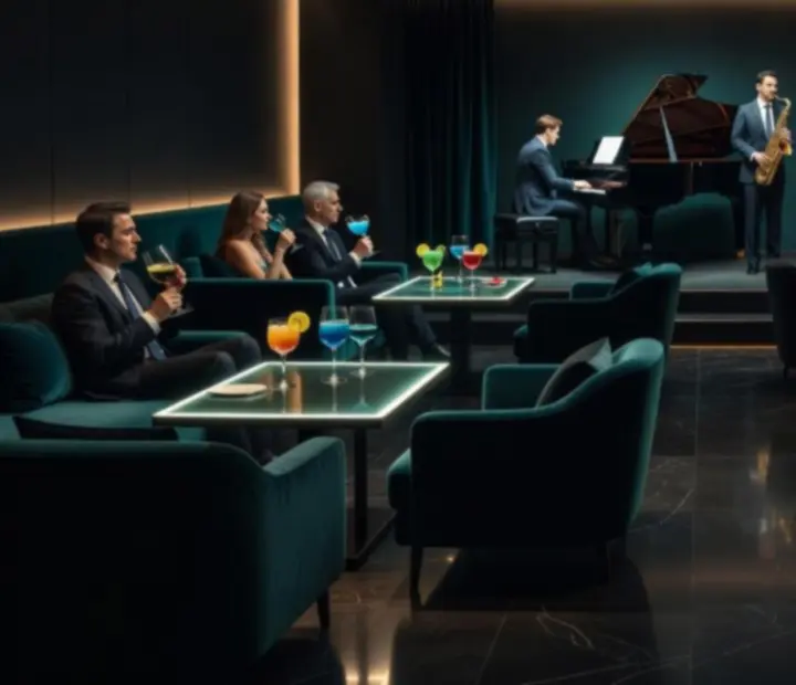 Lounge hangulatú bár rész élő zenével és hangulatos fényekkel.